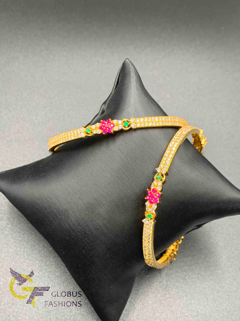 The multicolor stone flower design with cz stones set of two bangles