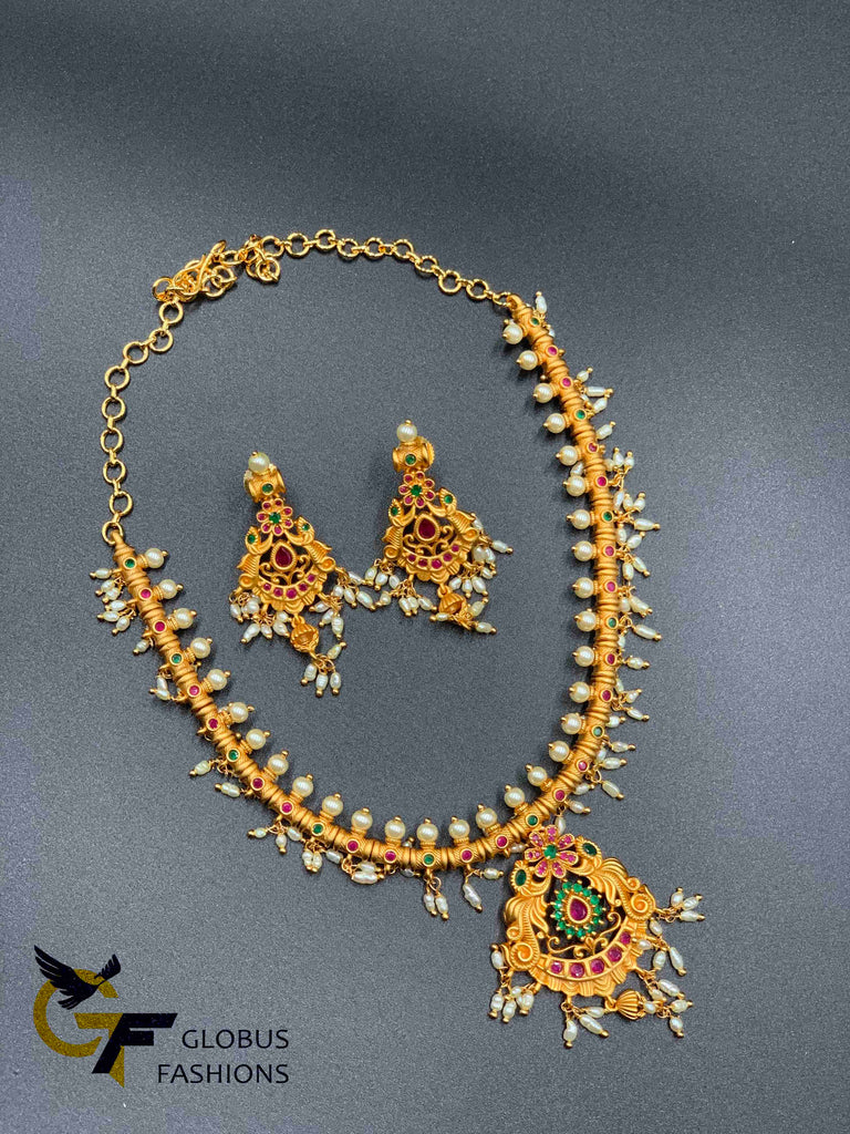 Traditional and antique look multicolor stones with real natural pearls necklace set
