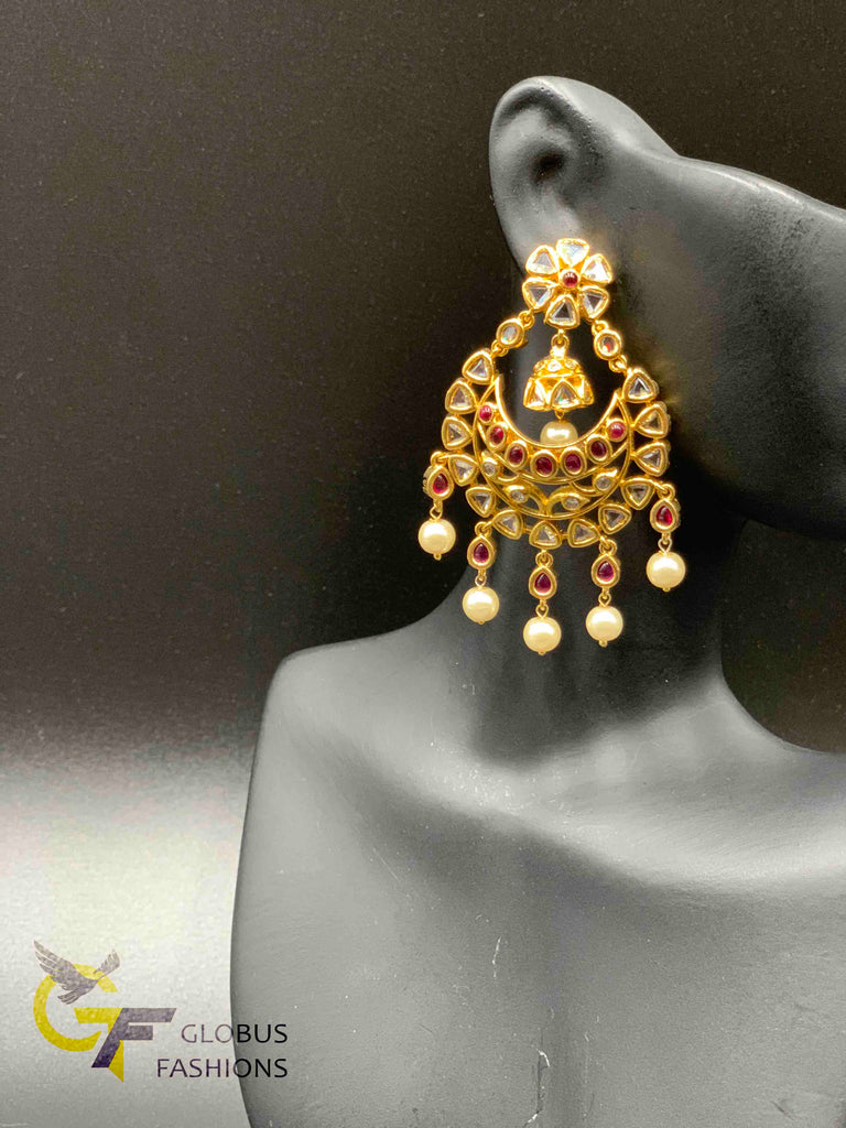 Uncut cz stones and ruby stones with pearls chandbali earrings