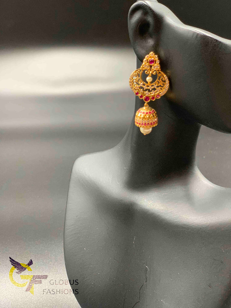 Cz stones and ruby stones with pearls chandbali jumka earrings