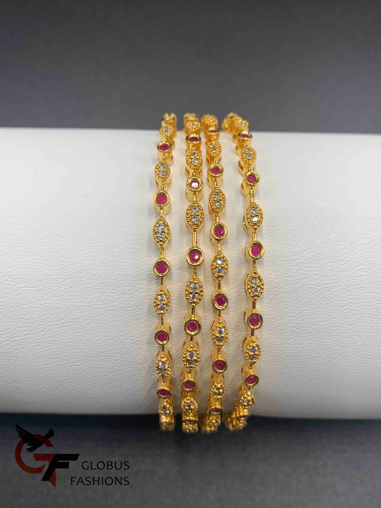 Cz stones and ruby stones simple design set of four bangles