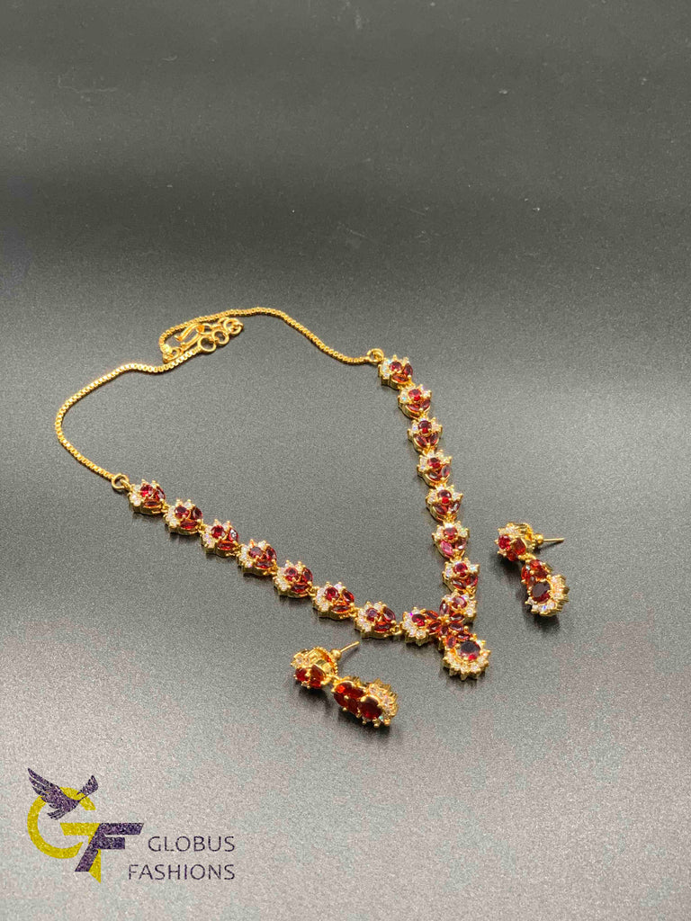 Maroon color stones with cz stones necklace set