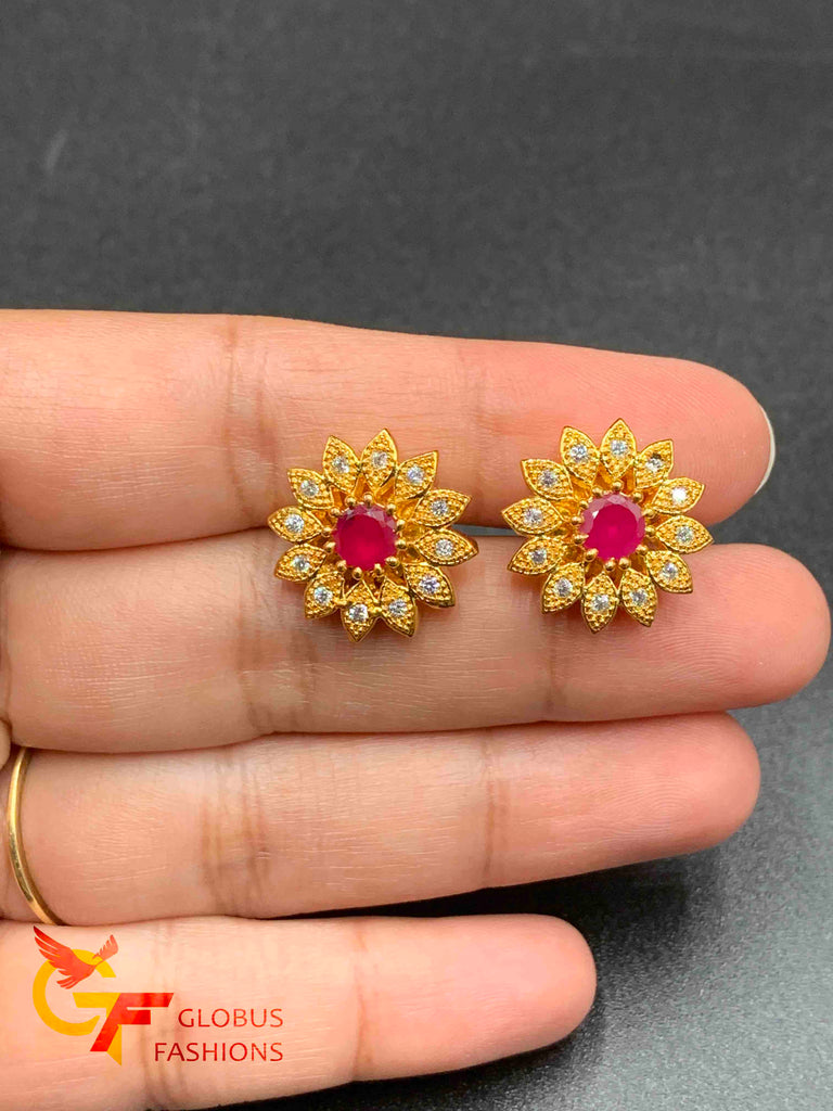 Cz stones with emerald and ruby stones flower design earrings
