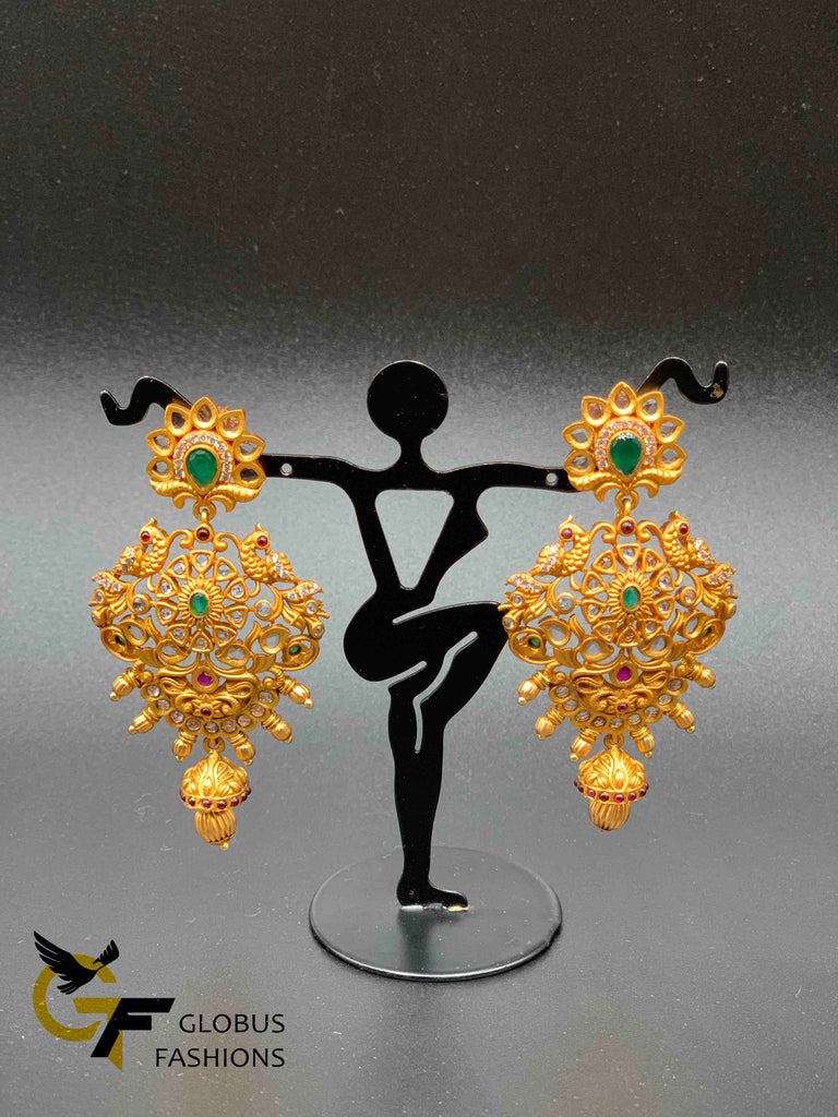 Antique look Peacock design uncut CZ stones with emerald stones chandbali earrings