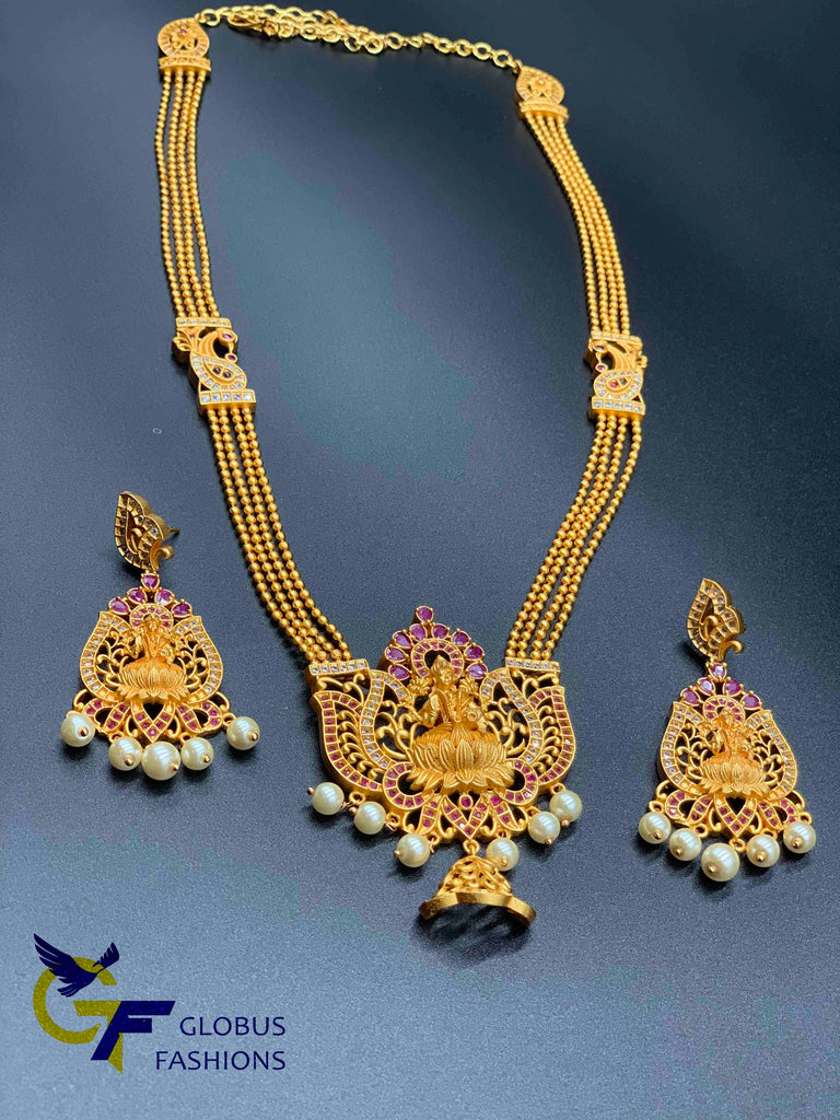 Traditional and antique Lakshmi print long necklace with matching earrings