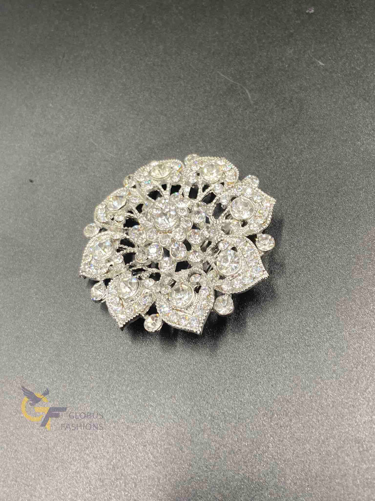 Silver tone flower design CZ stones Saree pin/ brooch