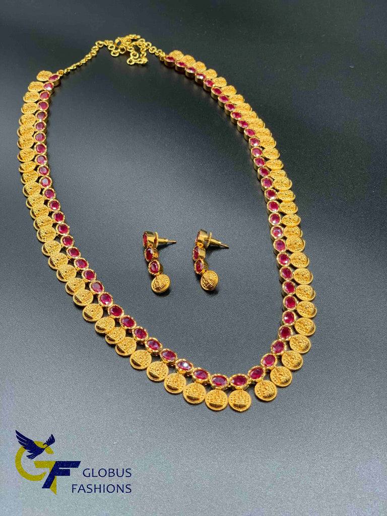 Traditional Lakshmi print coins with ruby stones long necklace set