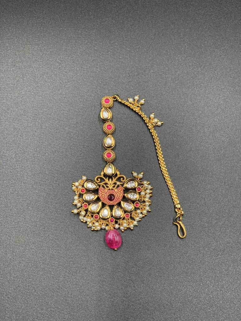 Traditional look kundan stones and ruby stones with pearls long Tikka - Globus Fashions